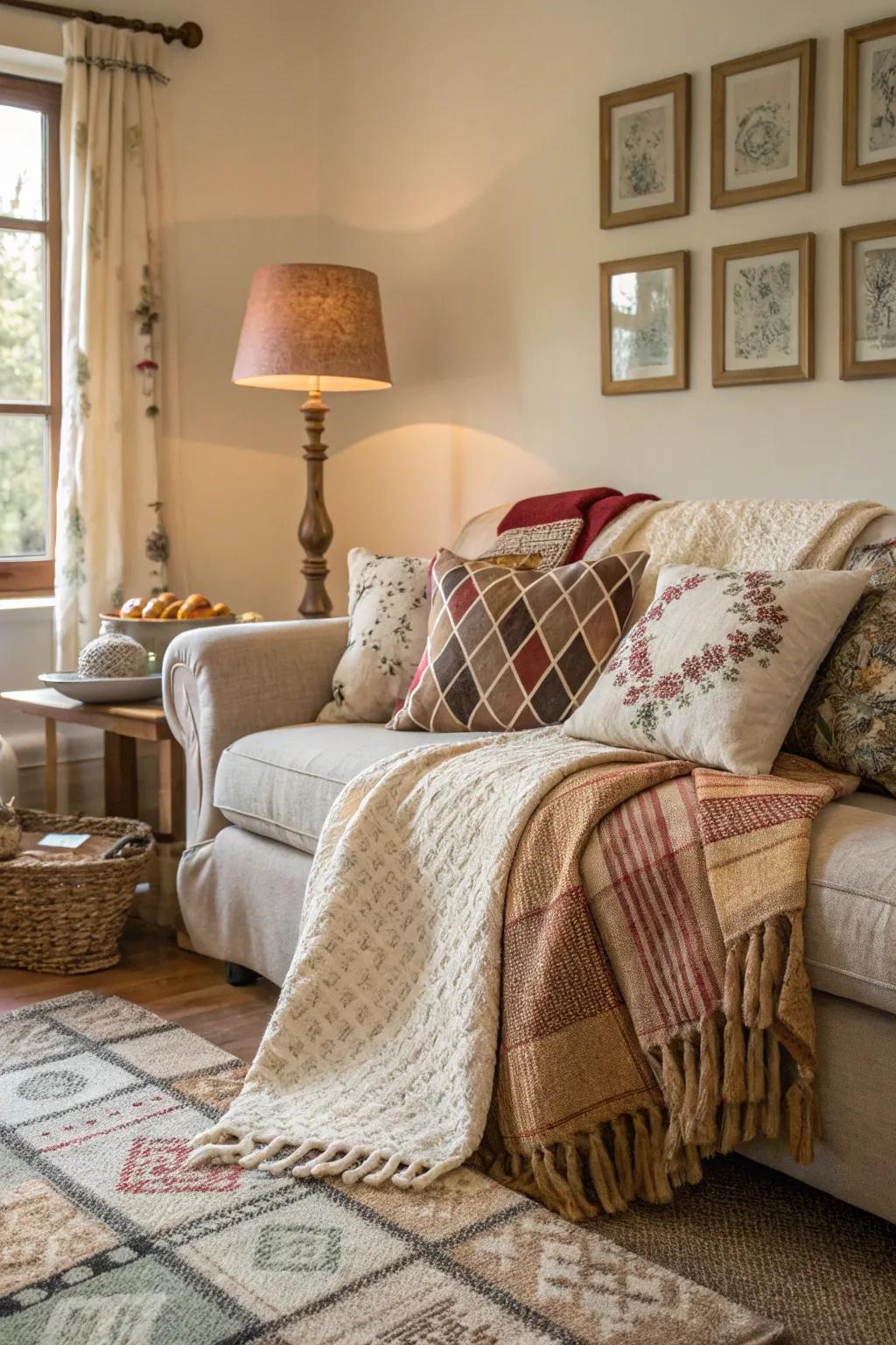 Layered textiles contribute warmth and depth to this small living space.
