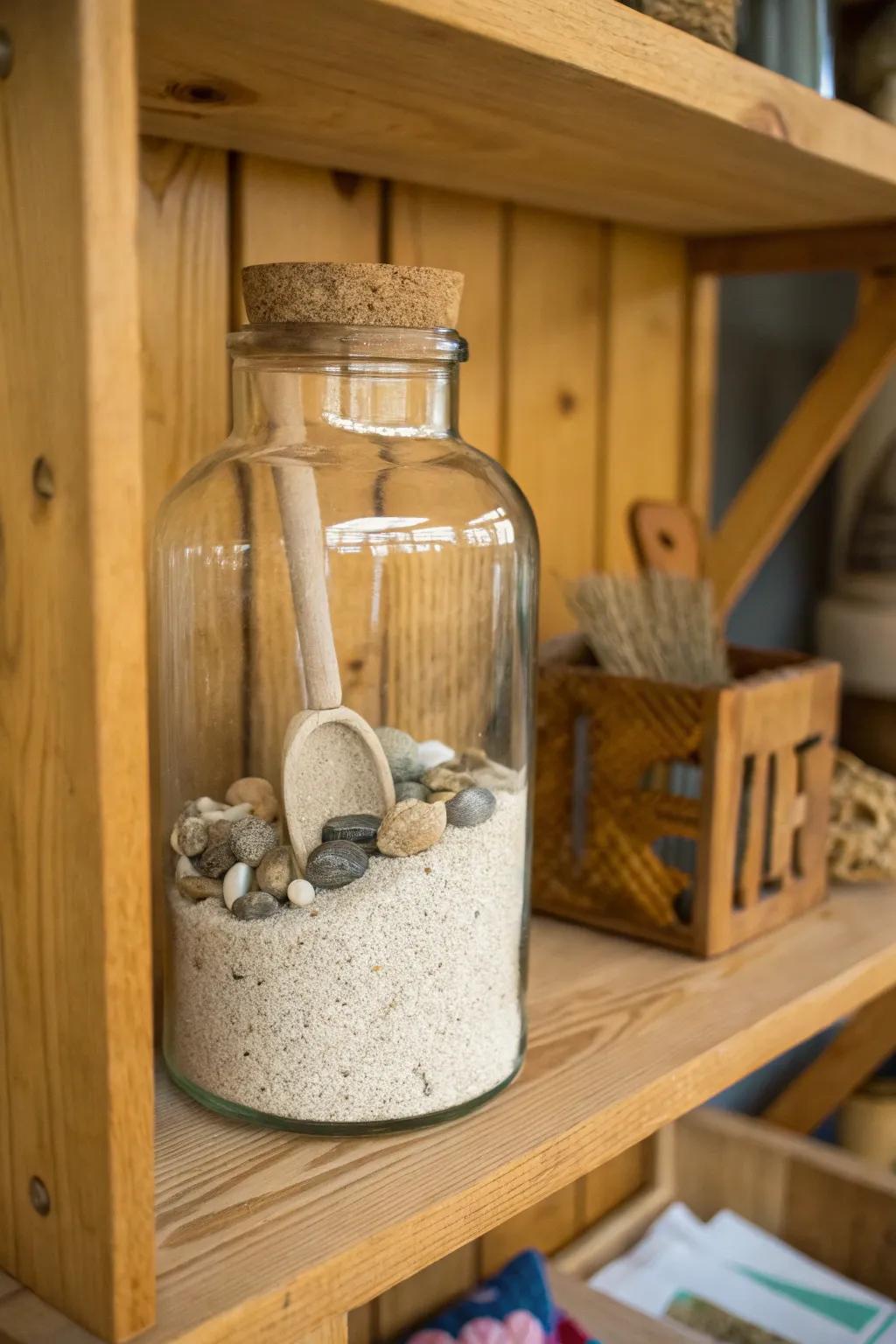 A mini zen garden in a vintage-inspired glass jar offers tranquility and calm.