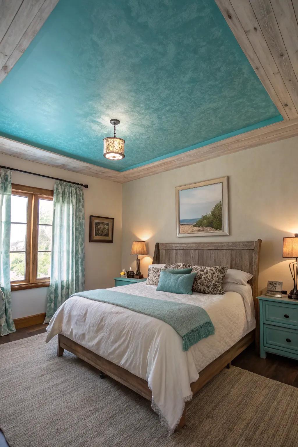 An aqua blue ceiling establishes a unique and calming focal point.