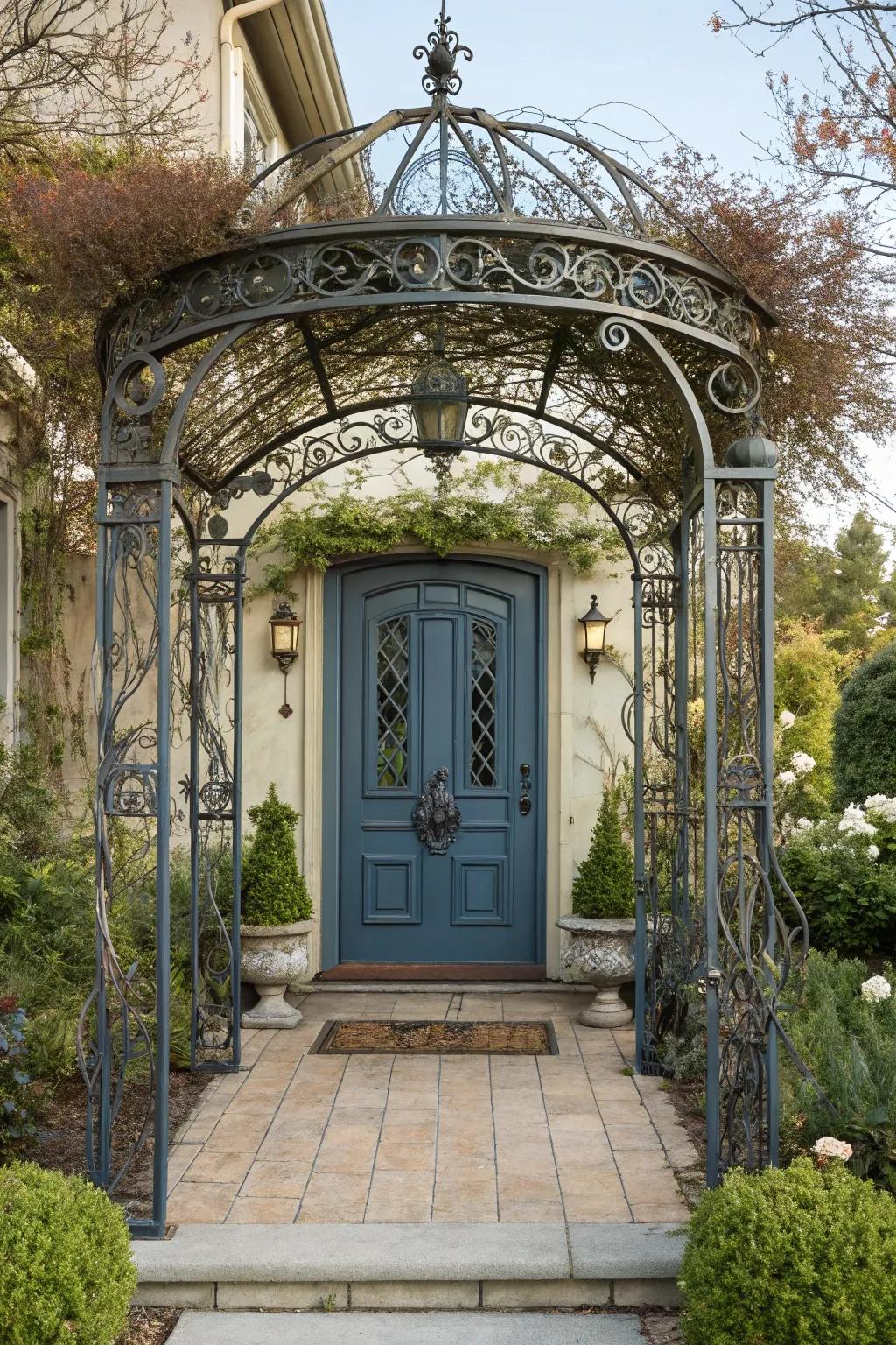 A classic wrought iron arbor creates an elegant and timeless doorway.