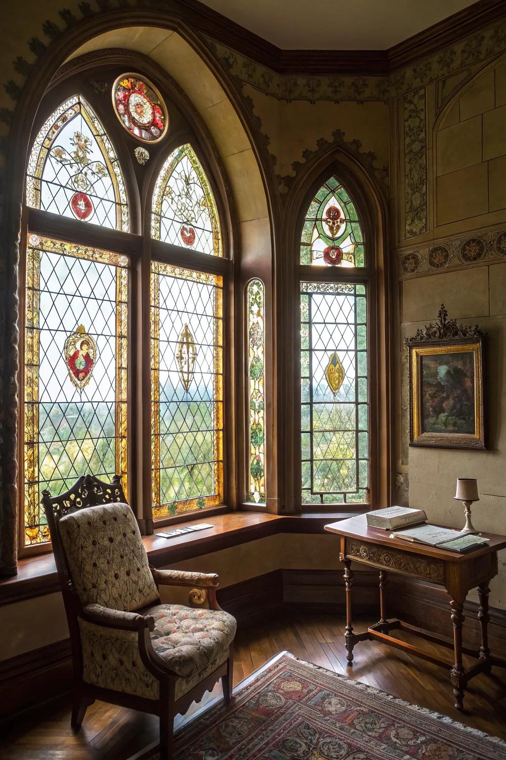 A vintage-inspired room featuring hued glass panels on arched windows.