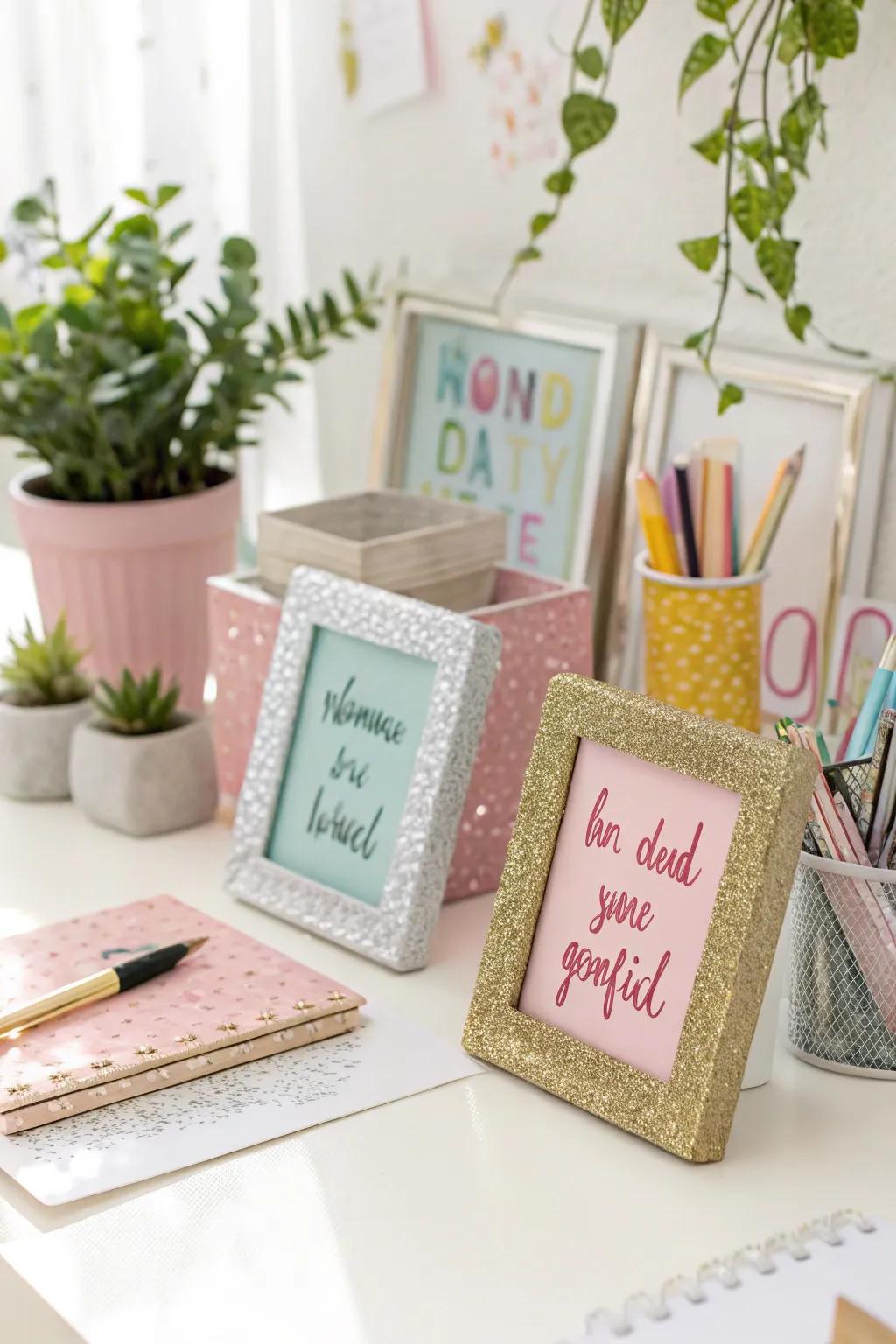 Mini glitter frames with positive sayings introduce sparkle and motivation to this workspace.