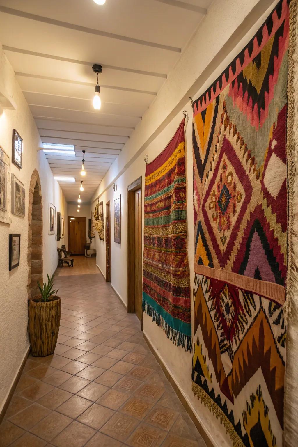 Textile artwork adds warmth and texture to this hallway.