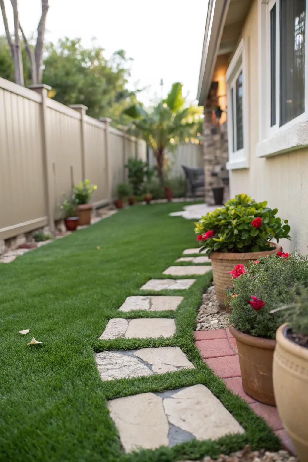 A charming side yard with lush imitation turf.
