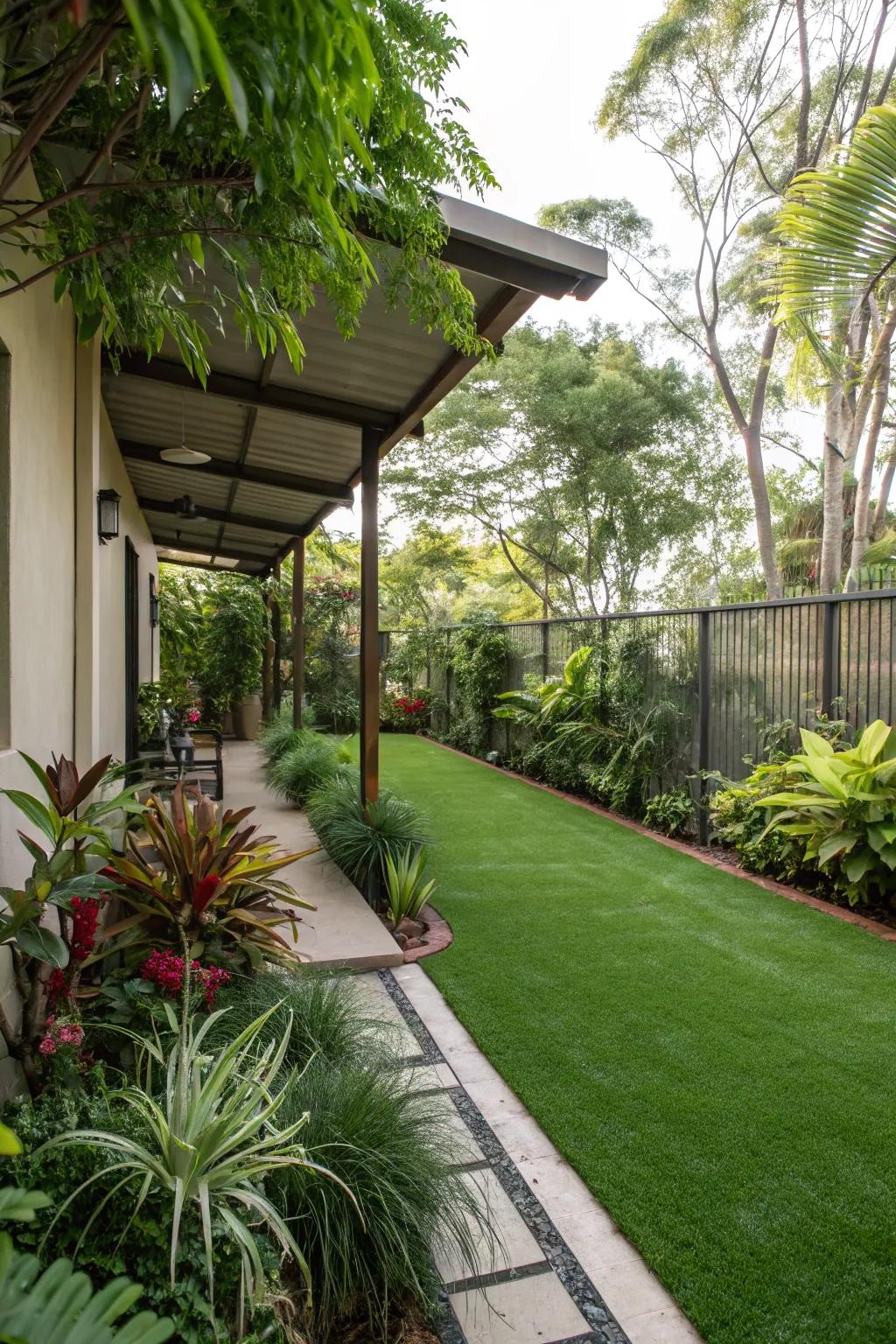 Transform your side yard into a lavish retreat incorporating simulated turf.