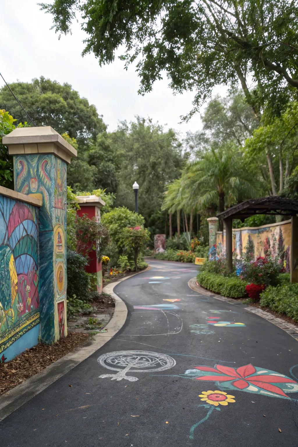 Art displays turn paving into a vibrant canvas.