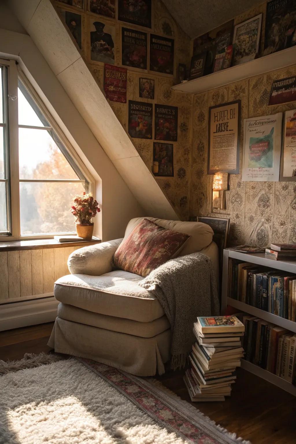 A reading alcove near the window presents a flawless escape in your attic bedroom.
