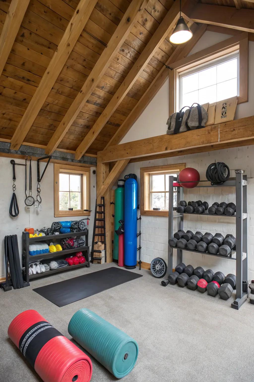 Effective storage solutions maintain your attic gym orderly.