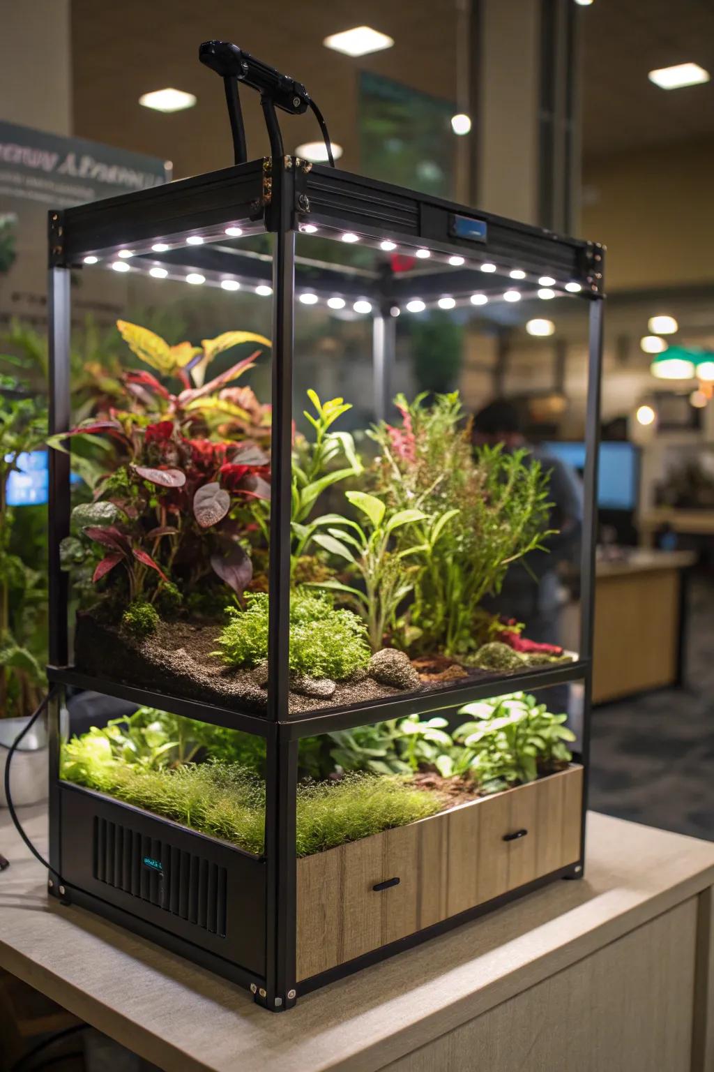 An aquarium-style plant enclosure lit by plant lights, creating a modern art vibe.
