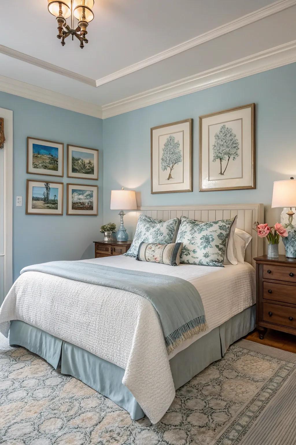 Artwork adds a personal touch to a serene light sky blue bedroom.