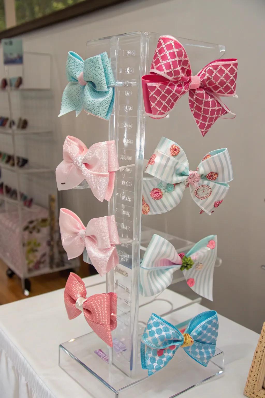 Baby bows displayed on a sleek and contemporary transparent acrylic display.