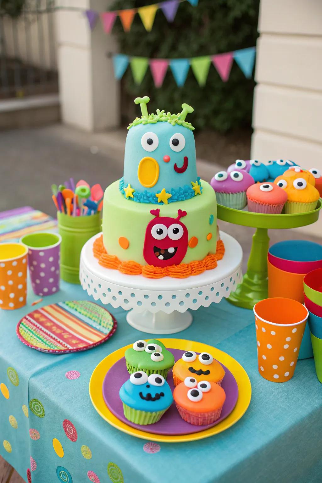A monster-themed cake featuring endearing and colorful decorations.