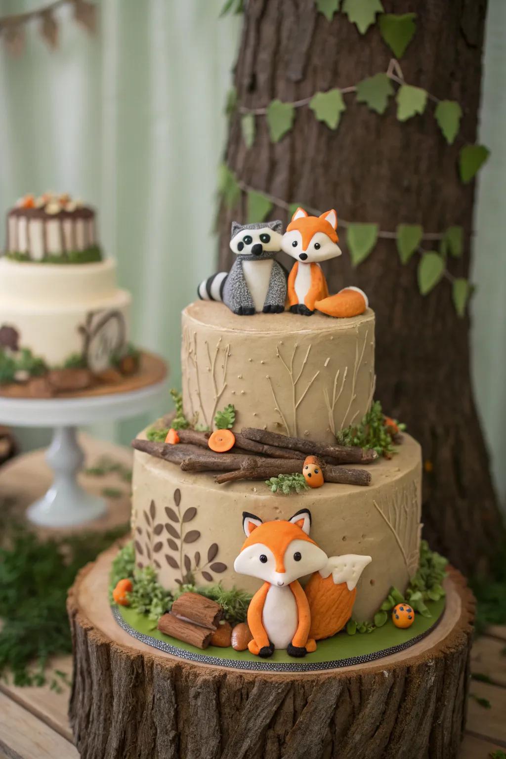 A woodland cake with forest creatures, perfect for a baby boy gathering.