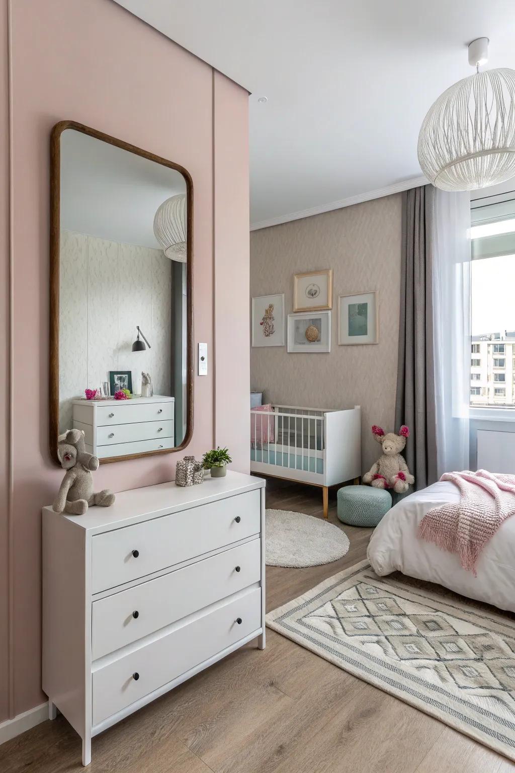 Mirrors can enhance the perception of area and light in a compact nursery nook.