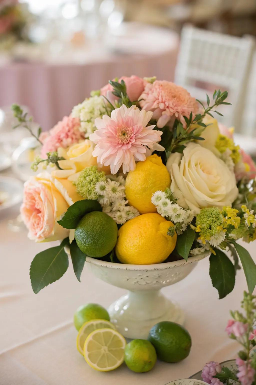 A vibrant centerpiece featuring flowers and garden fruits