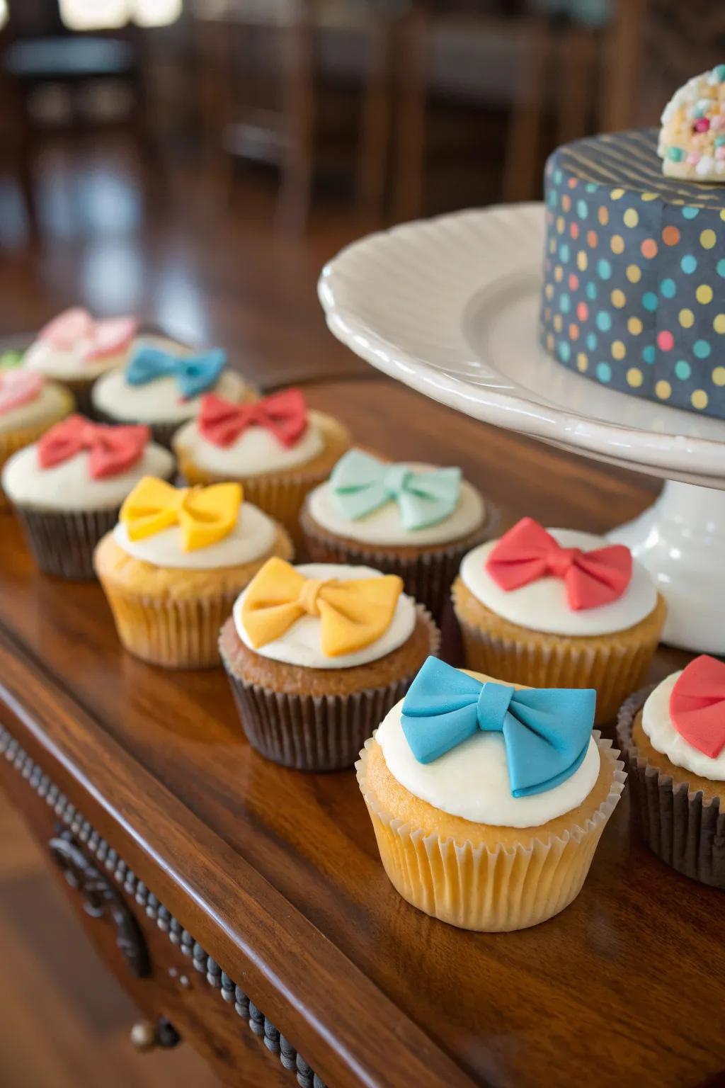Bow tie-topped cupcakes deliver a touch of sophistication.
