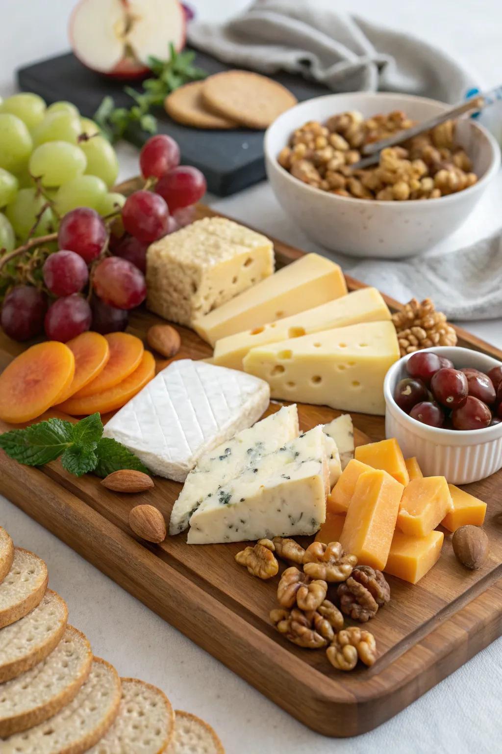 A sophisticated cheese board with an assortment of cheeses, nuts, and fruits.