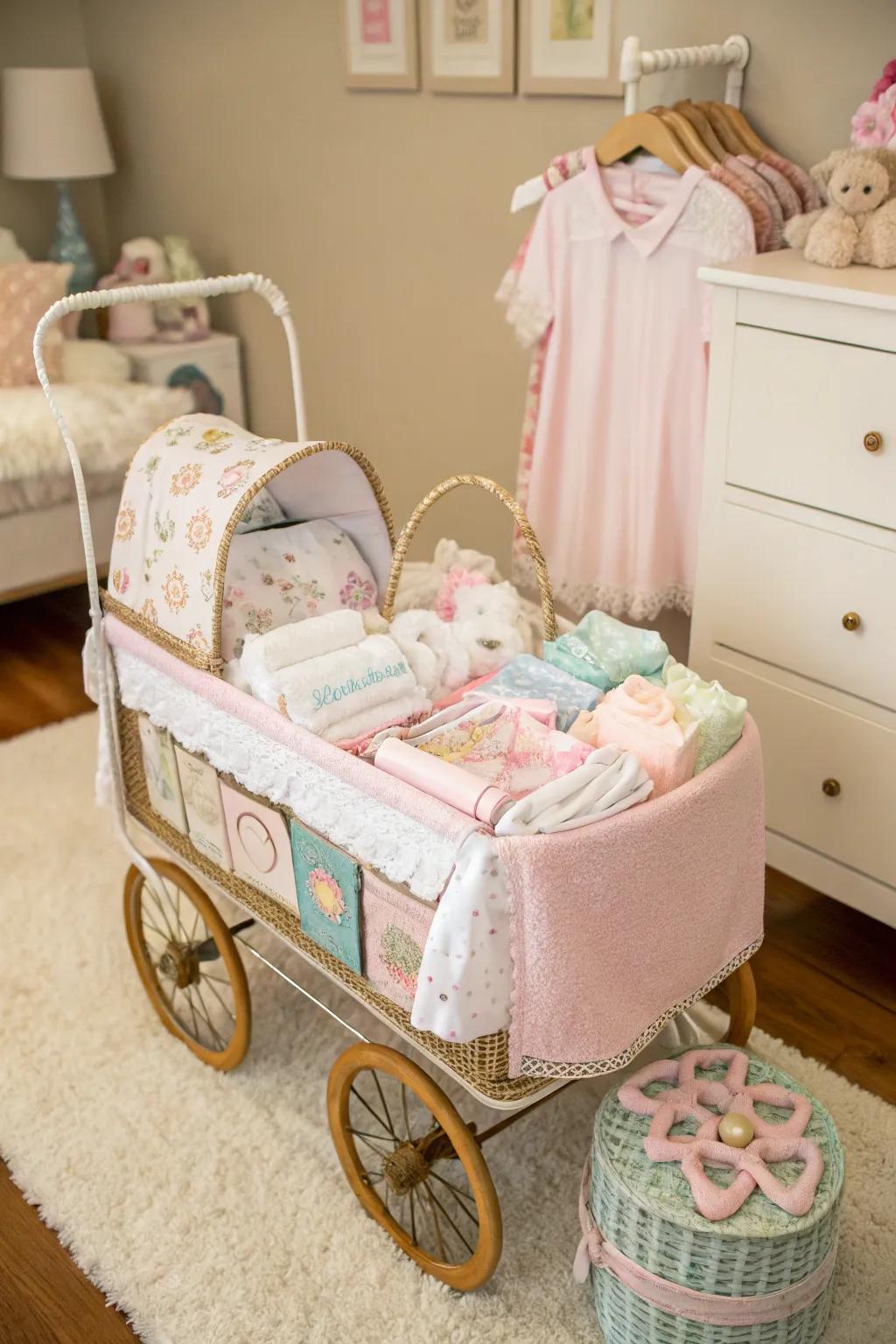 An exquisite diaper buggy brimming with essentials.