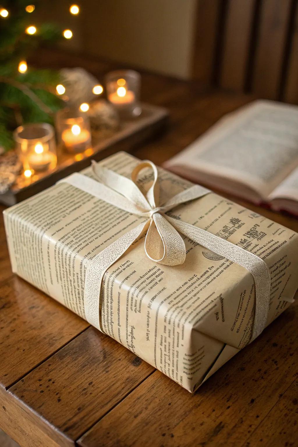 A fanciful gift wrapped with storybook pages, ideally suited for a baby shower.