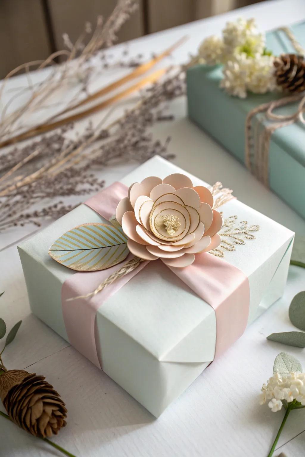 Infuse a hint of refinement with a hand-fashioned paper blossom finish for your baby shower gift.