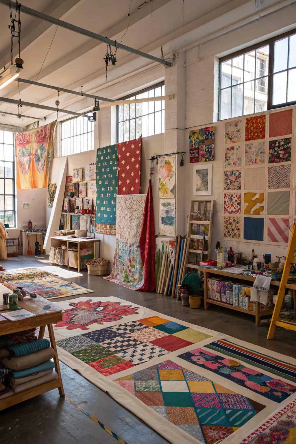 An art area featuring an eclectic patchwork of fabrics and prints.