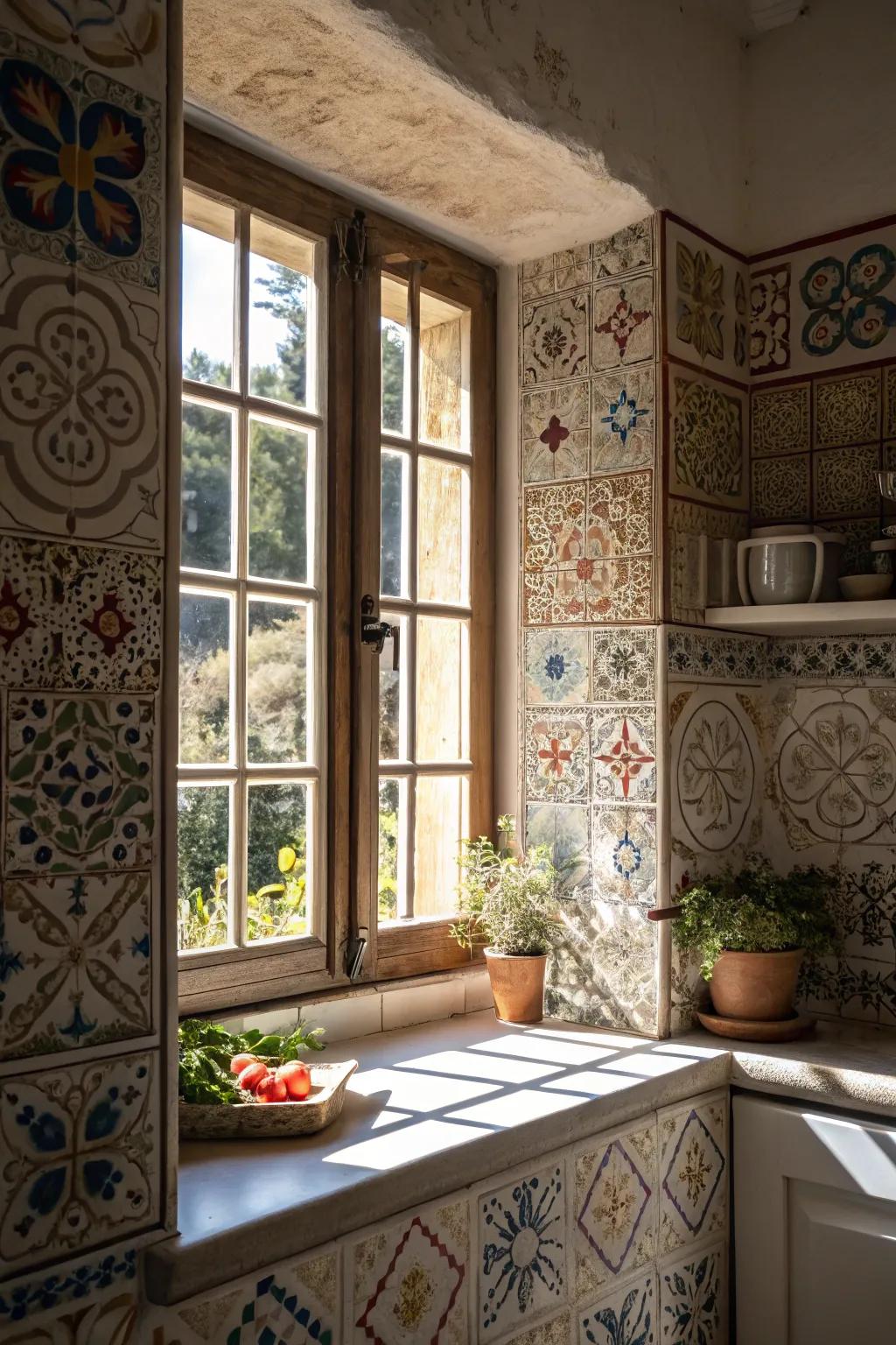 Patterned vintage-style tiles bringing artistry around a kitchen window.