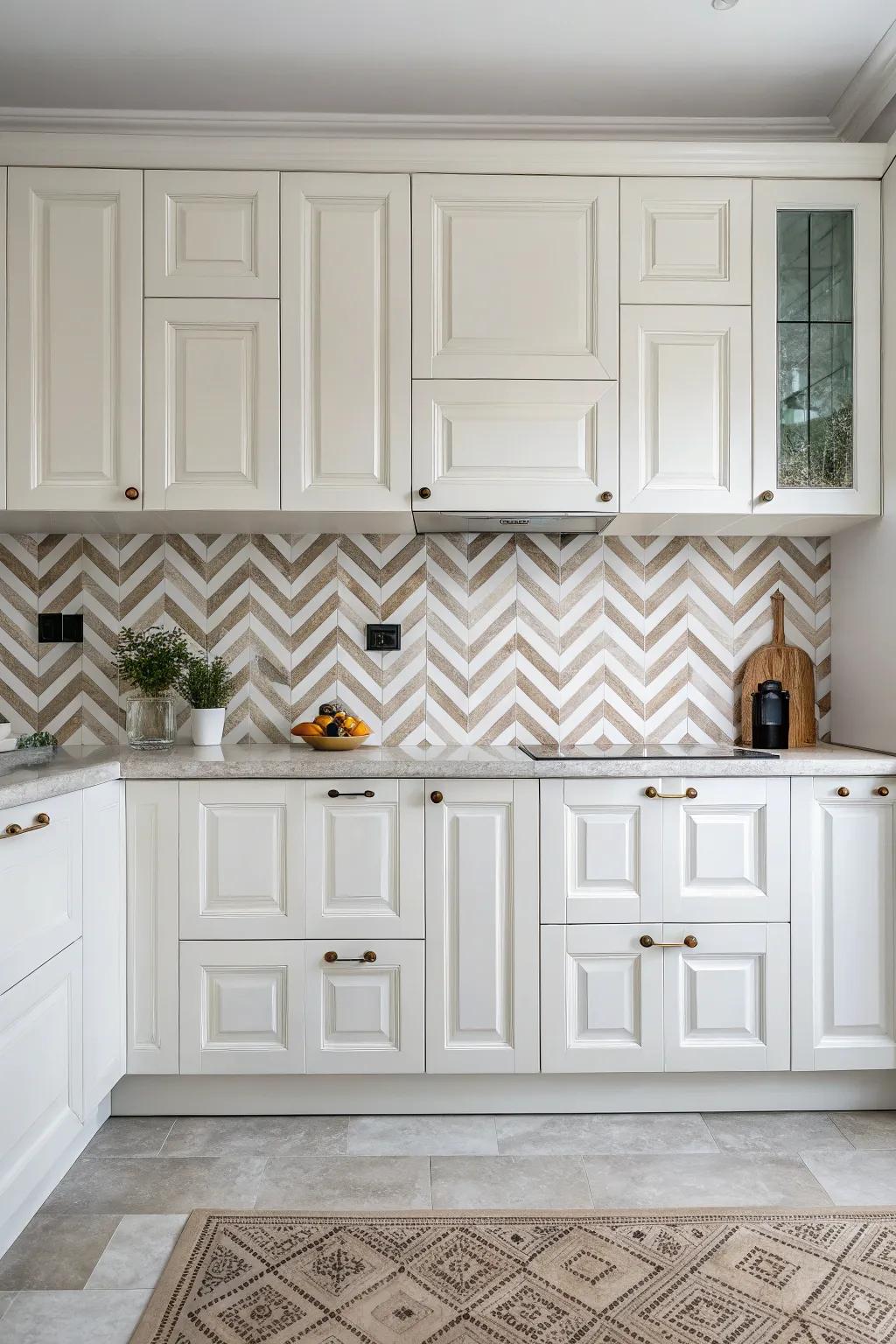 Inverted V patterns impart dynamic energy into this white kitchen.
