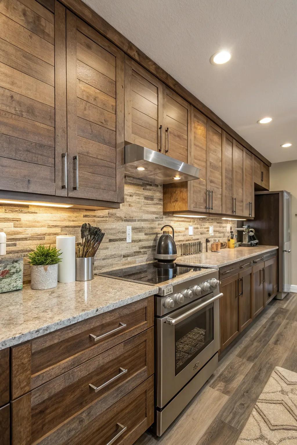 Timber-look tiles add rustic warmth to fantasy brown granite.