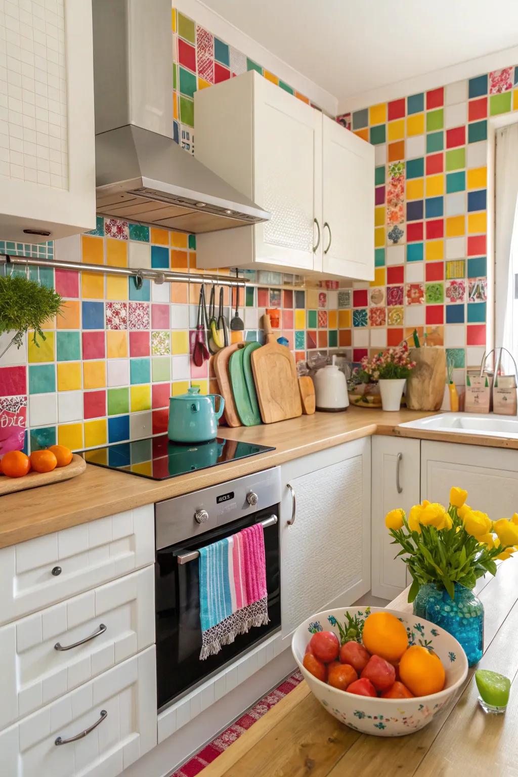 Multi-colored pieces add a lively and welcoming character to your kitchen.