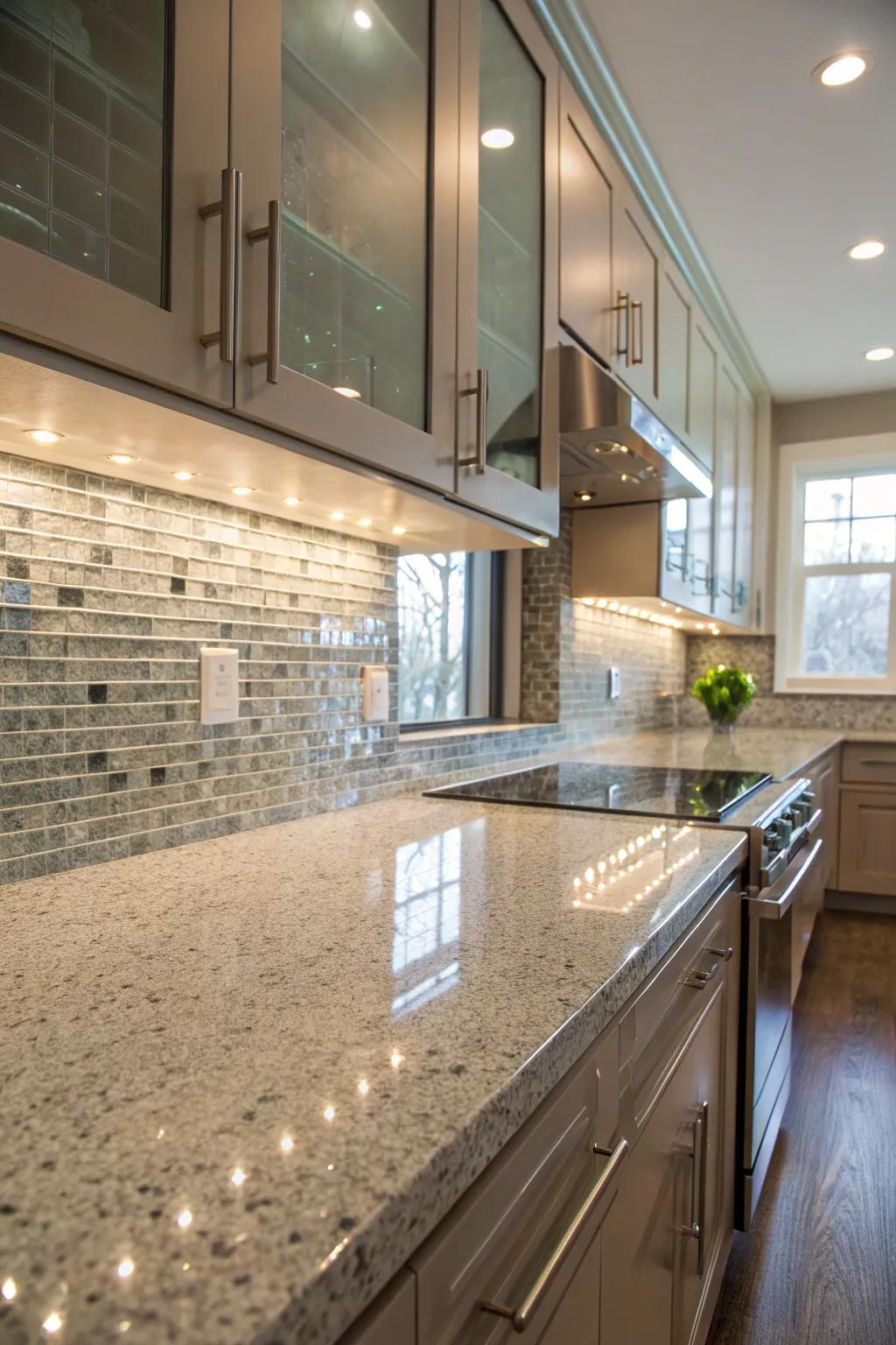 Granite worktops are given a sleek, contemporary touch with glass tiles.