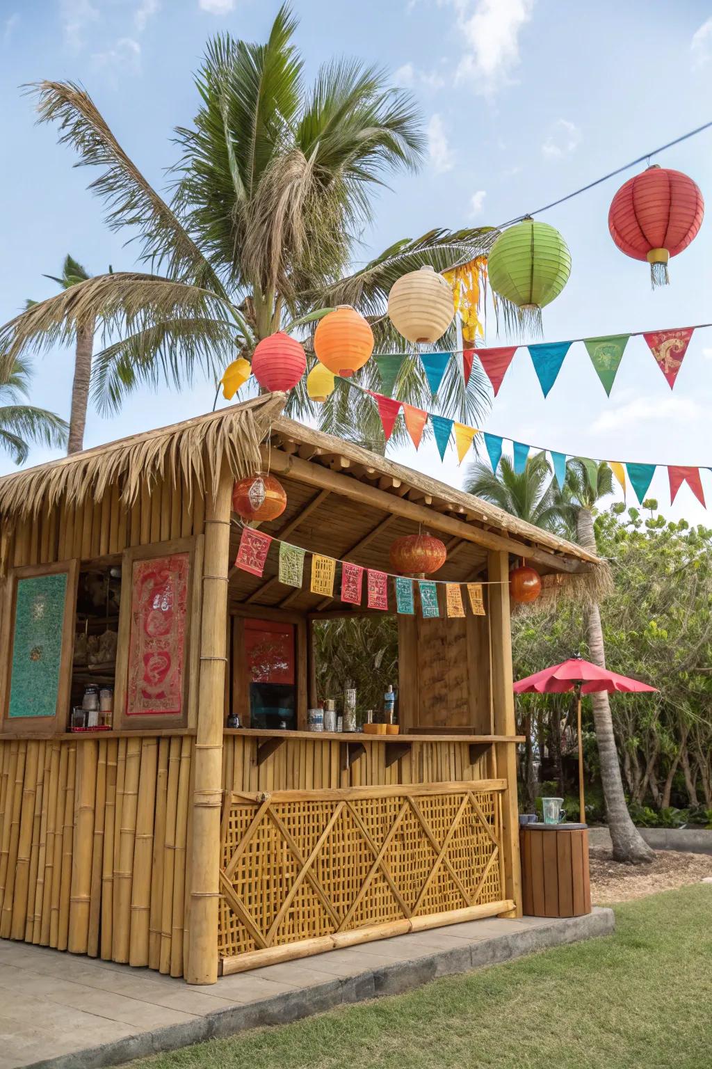A backyard escape: tropical tiki bar grilling station.