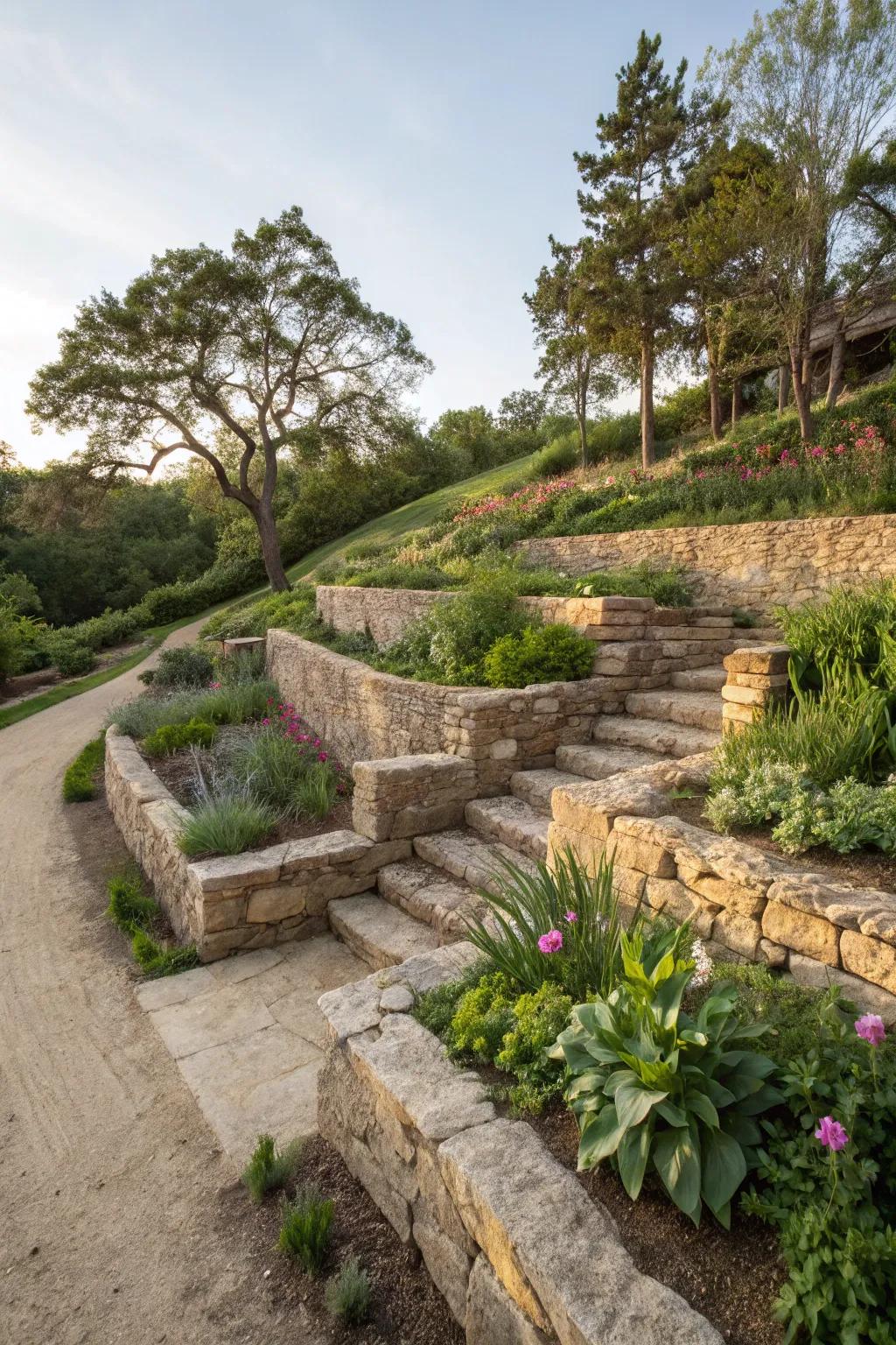 Terraced gardens with crushed rock add depth and beauty to sloped landscapes.