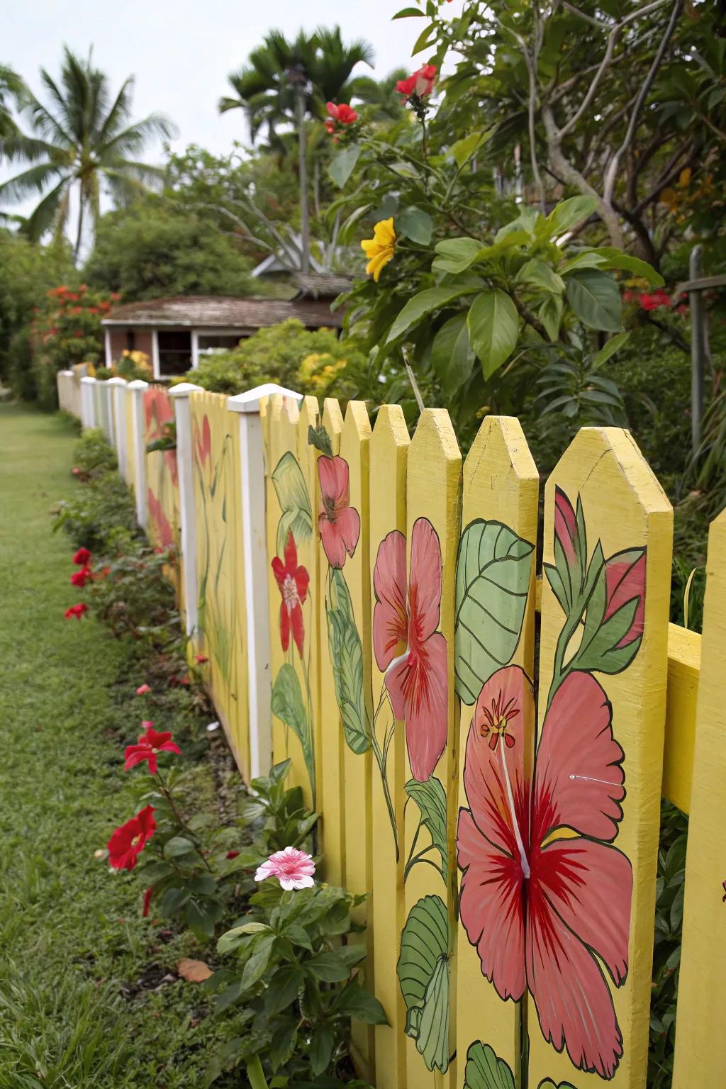 Tropical flowers on a fence create a backyard getaway.