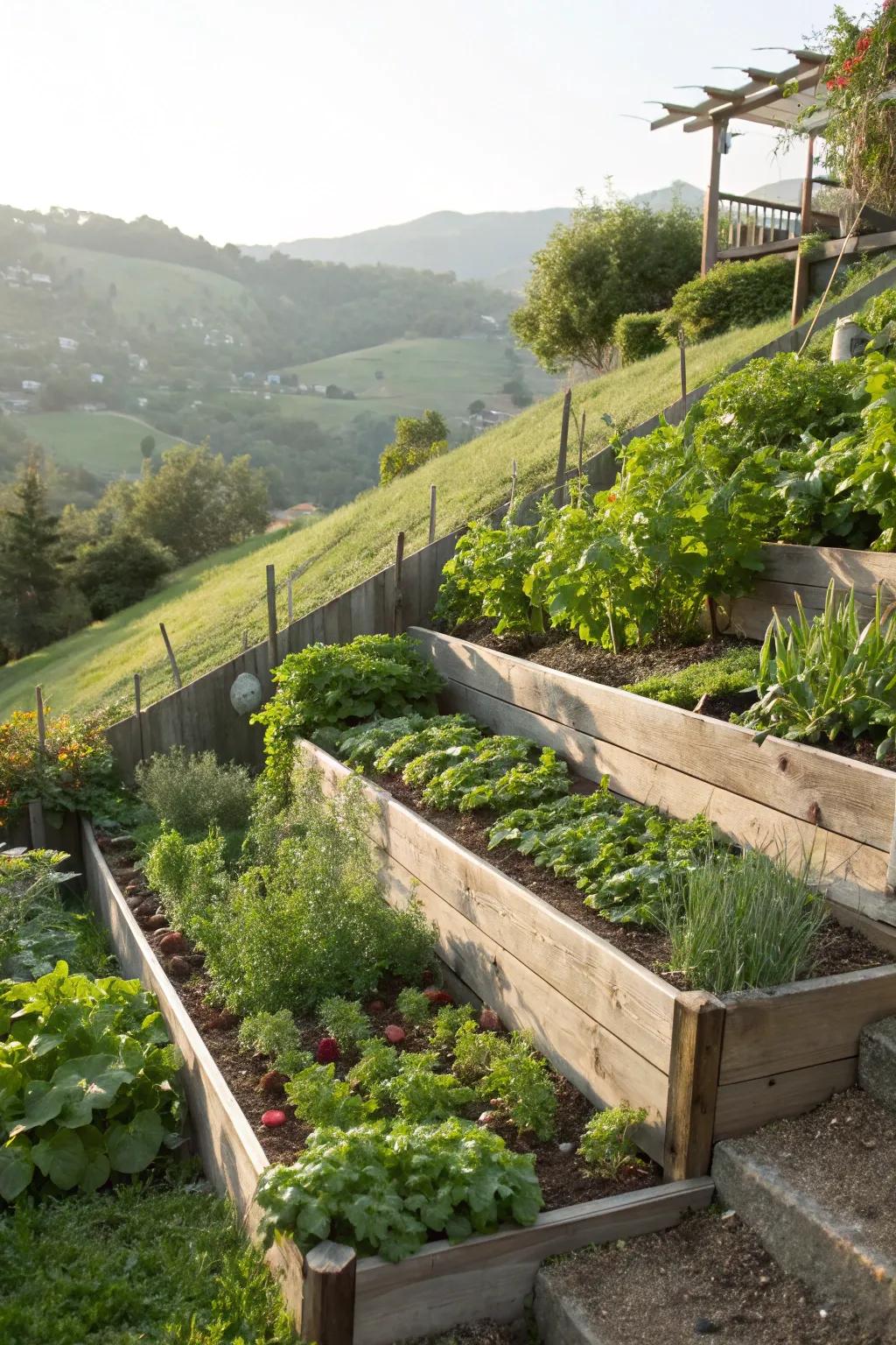 Layered vegetable plots take advantage of a slope for productive gardening.