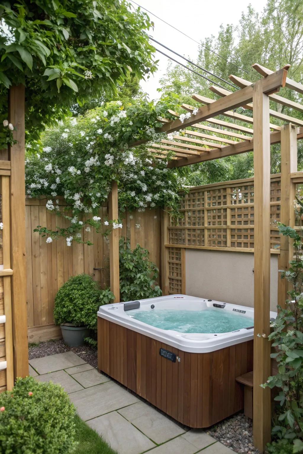 Frames with trailing plants craft a fragrant and private spa oasis.