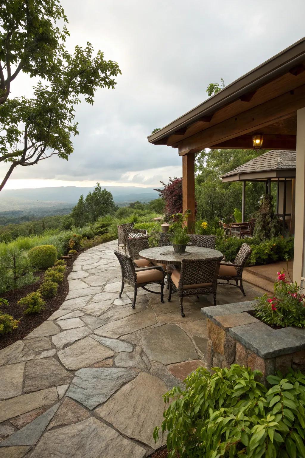 Natural stone flooring adding rugged charm to a veranda.