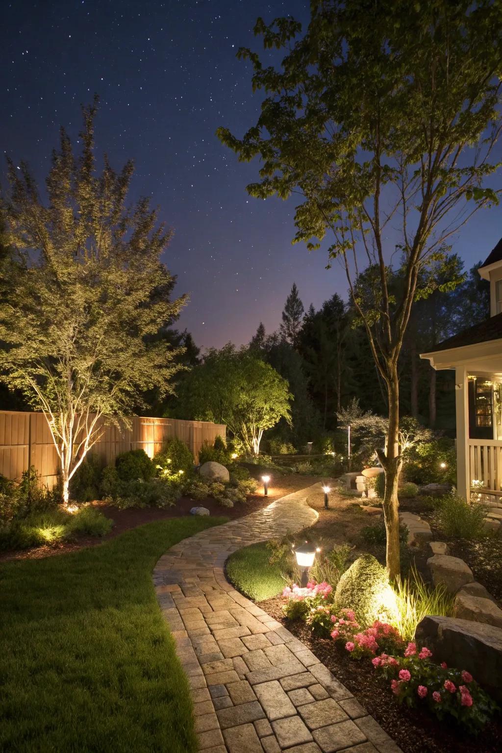 Spotlight illumination adds drama and highlights your backyard's best features.