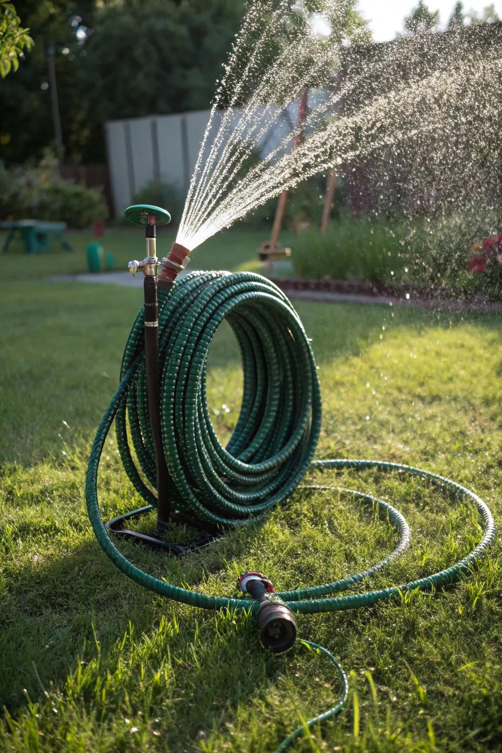 Craftsmanship meets play: A beautifully designed garden hose ring for the perfect backyard dog wash.