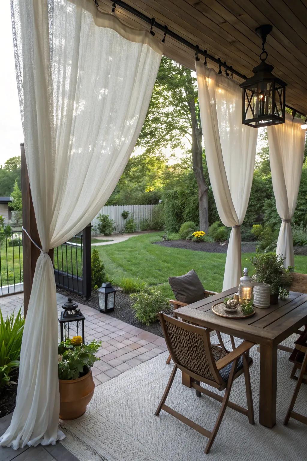 Outdoor curtains provide privacy and a touch of sophistication.