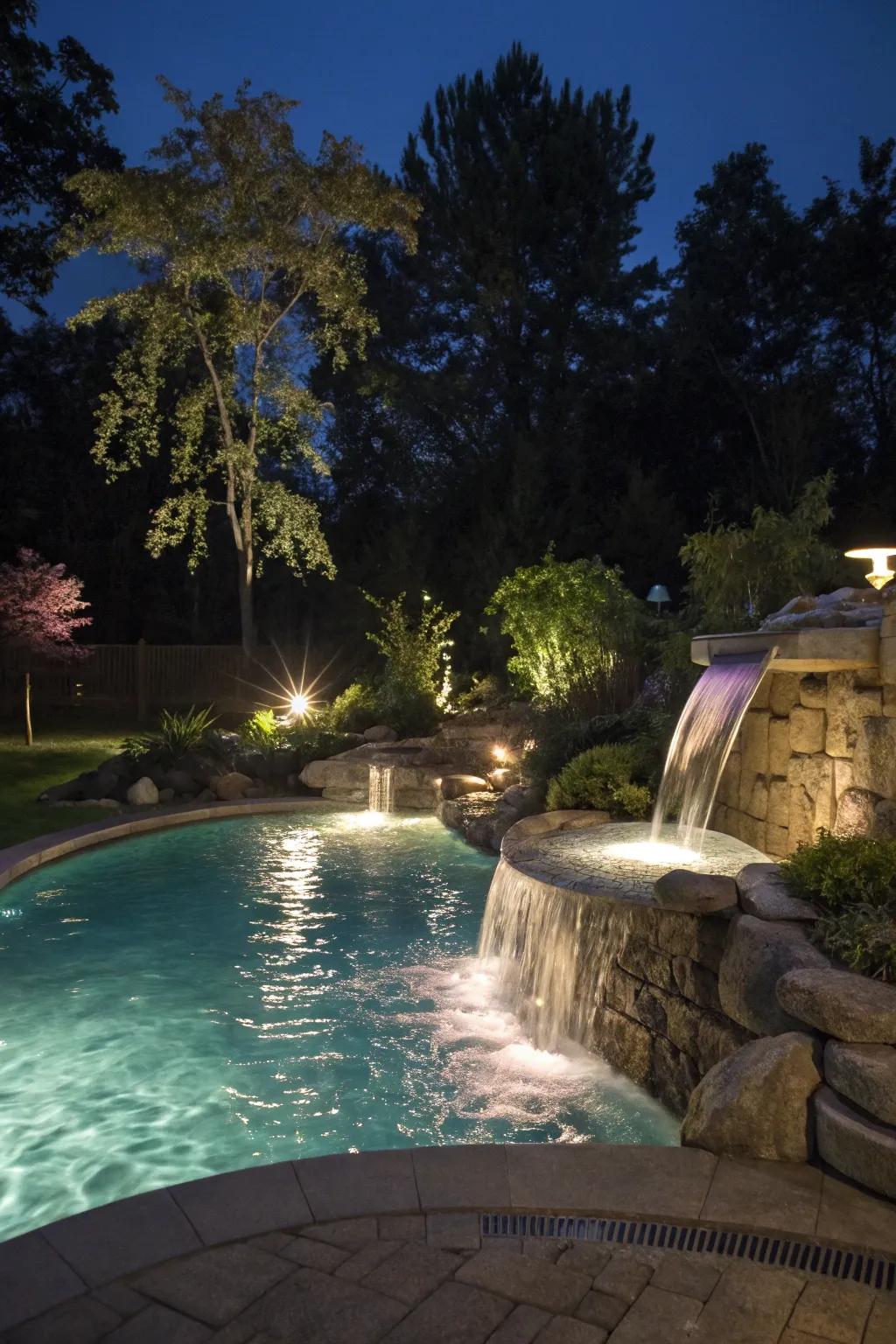 LED lighting transforms your waterfall into a nighttime spectacle.