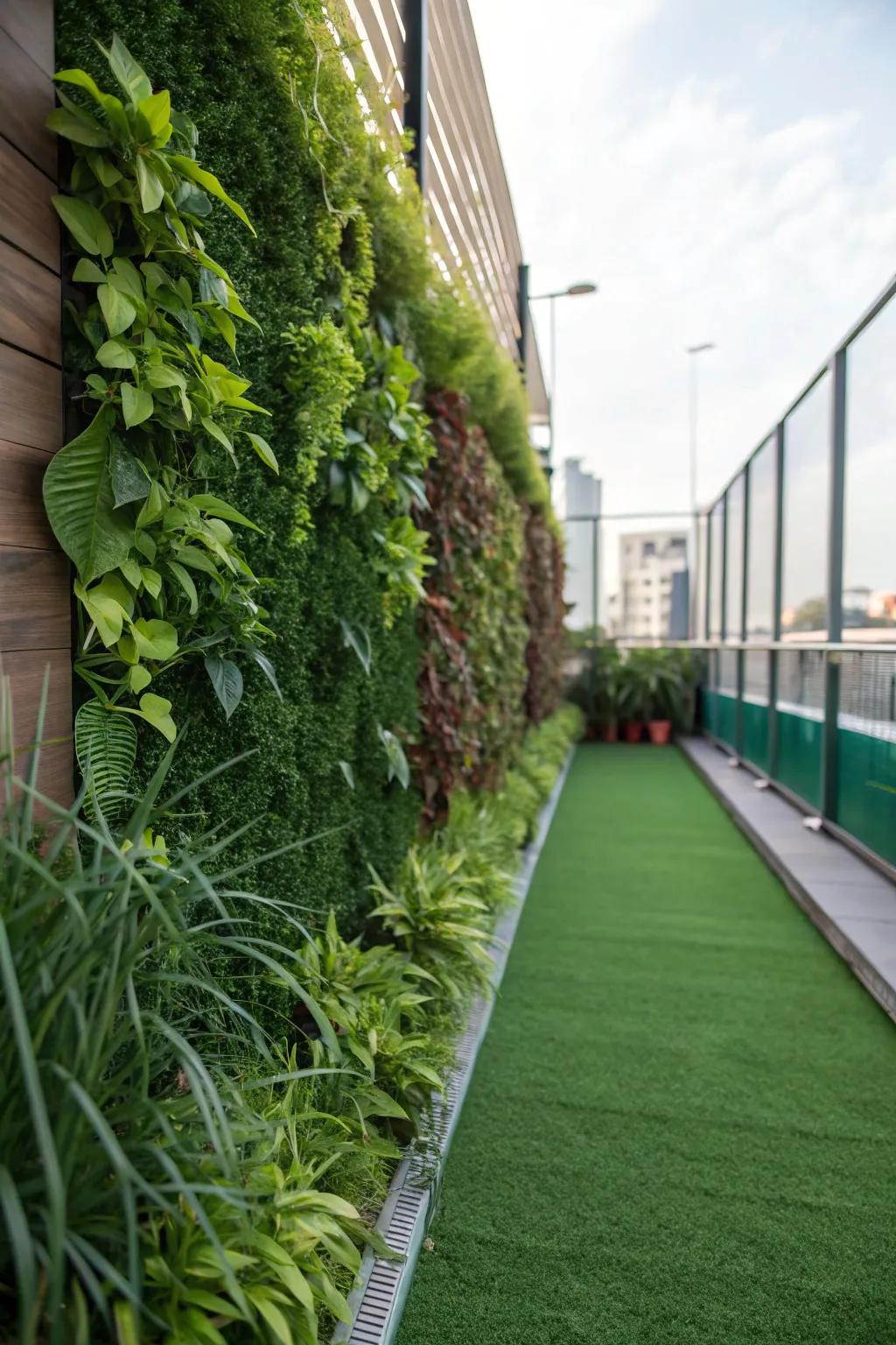 A green wall increases the height of a turf area.