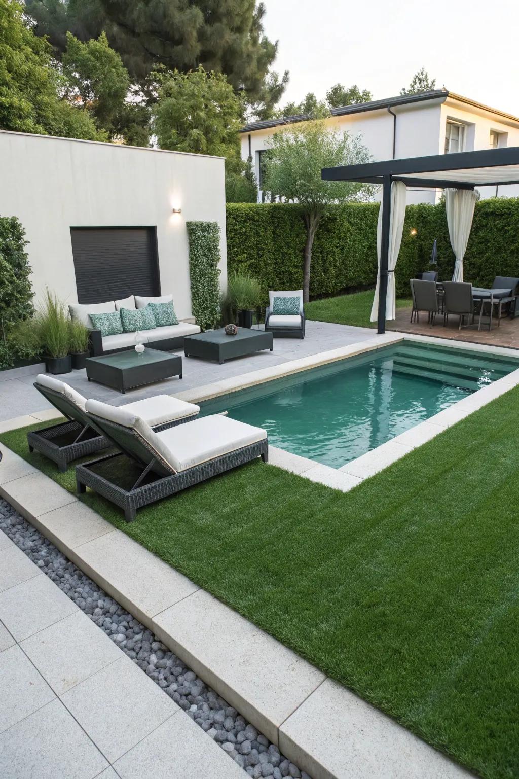 Faux turf provides a lavish, low-upkeep impression around the pool.
