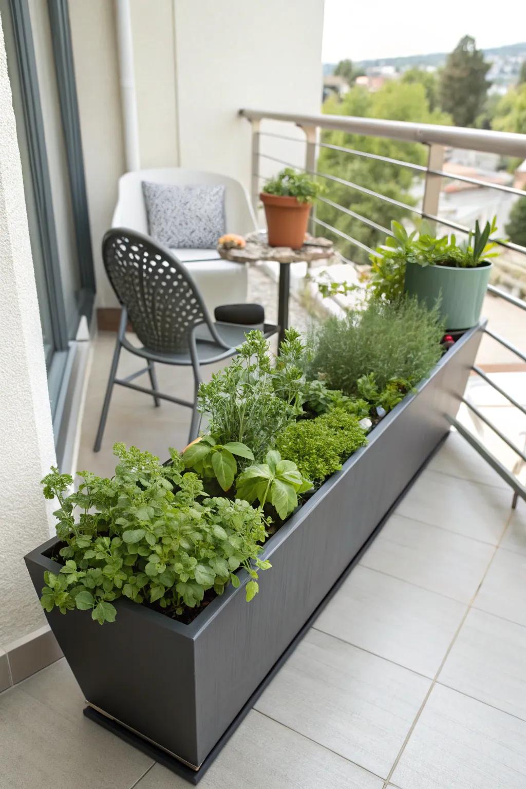 Long containers provide a contemporary and minimalist herb garden solution.
