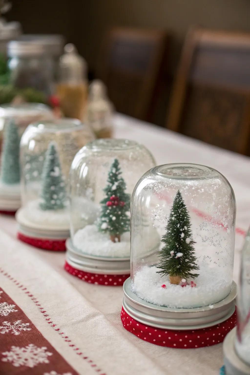 Yuletide snow globes created from canning jars infuse festive charm.