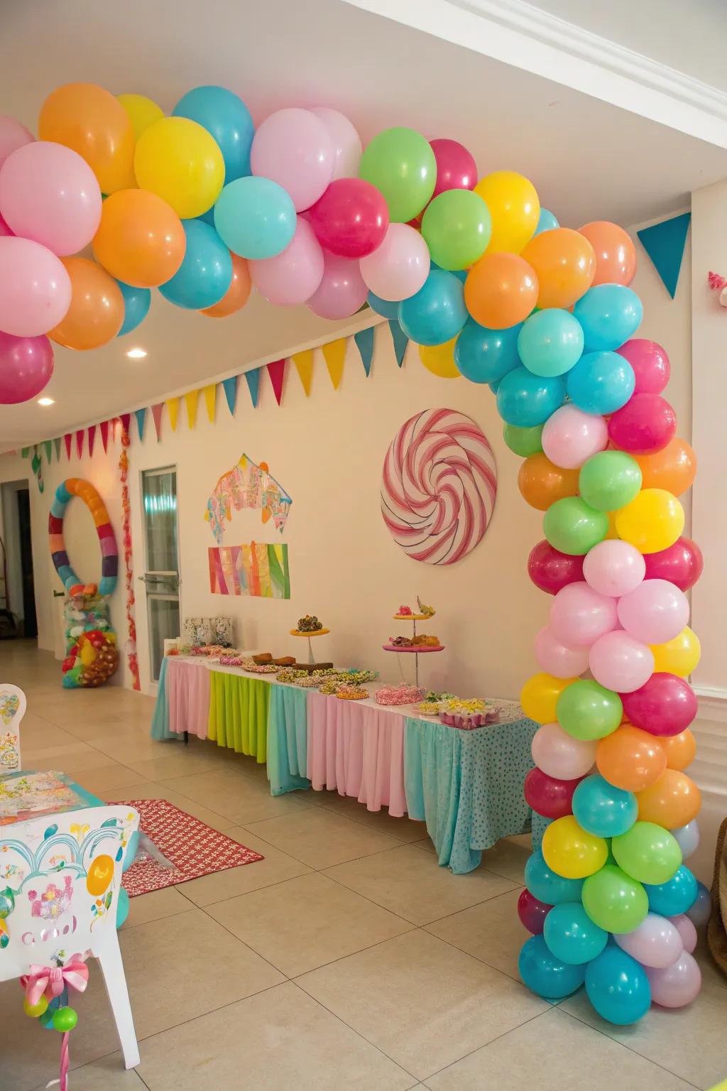 A candy-colored balloon garland for a playful setting.