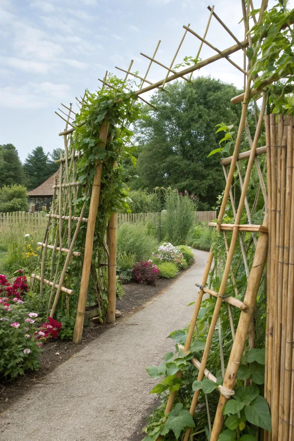 Bamboo frames provide an organic support system for climbing plants.