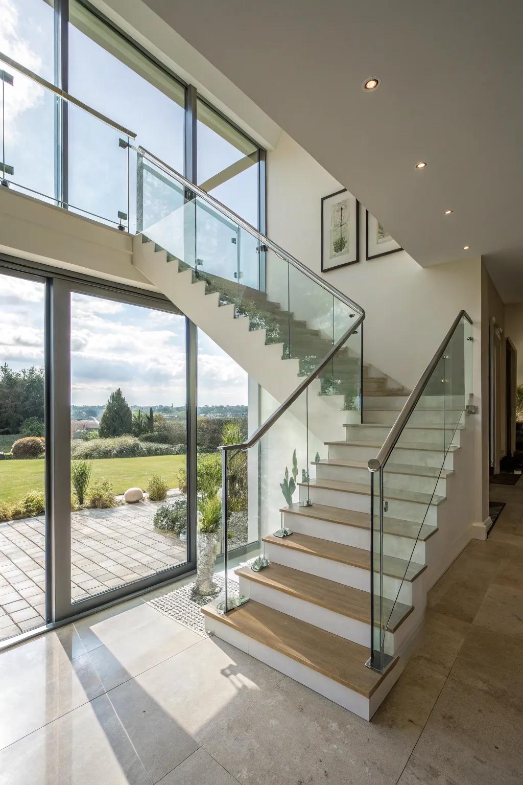 Sleek and modern through glass panel staircase rails.