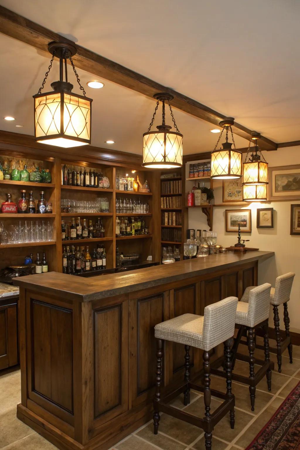 Rustic lanterns contribute a vintage allure to the bar.