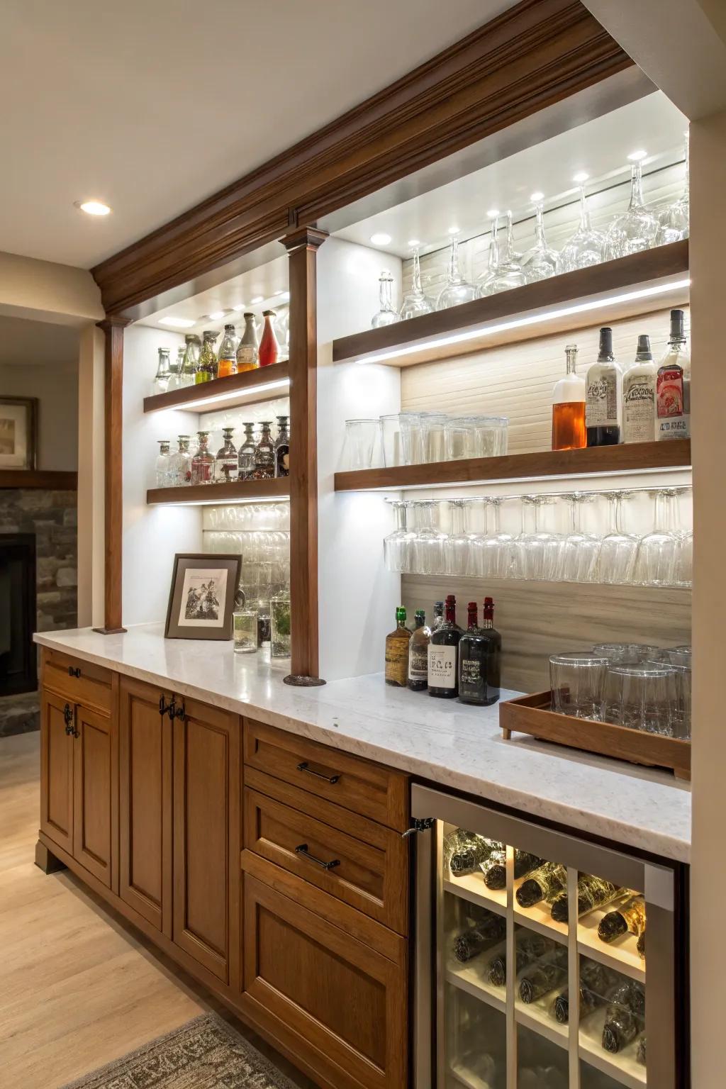Under-cabinet shelves take full advantage of bar storage.