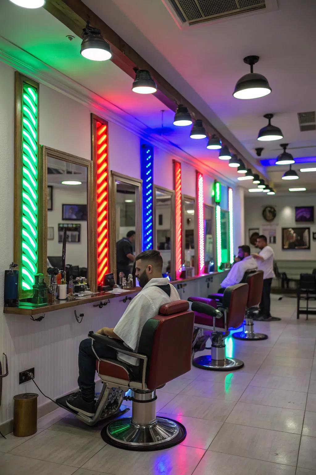 Dynamic LED lighting enhances a barbershop that is vibrant and colorful.